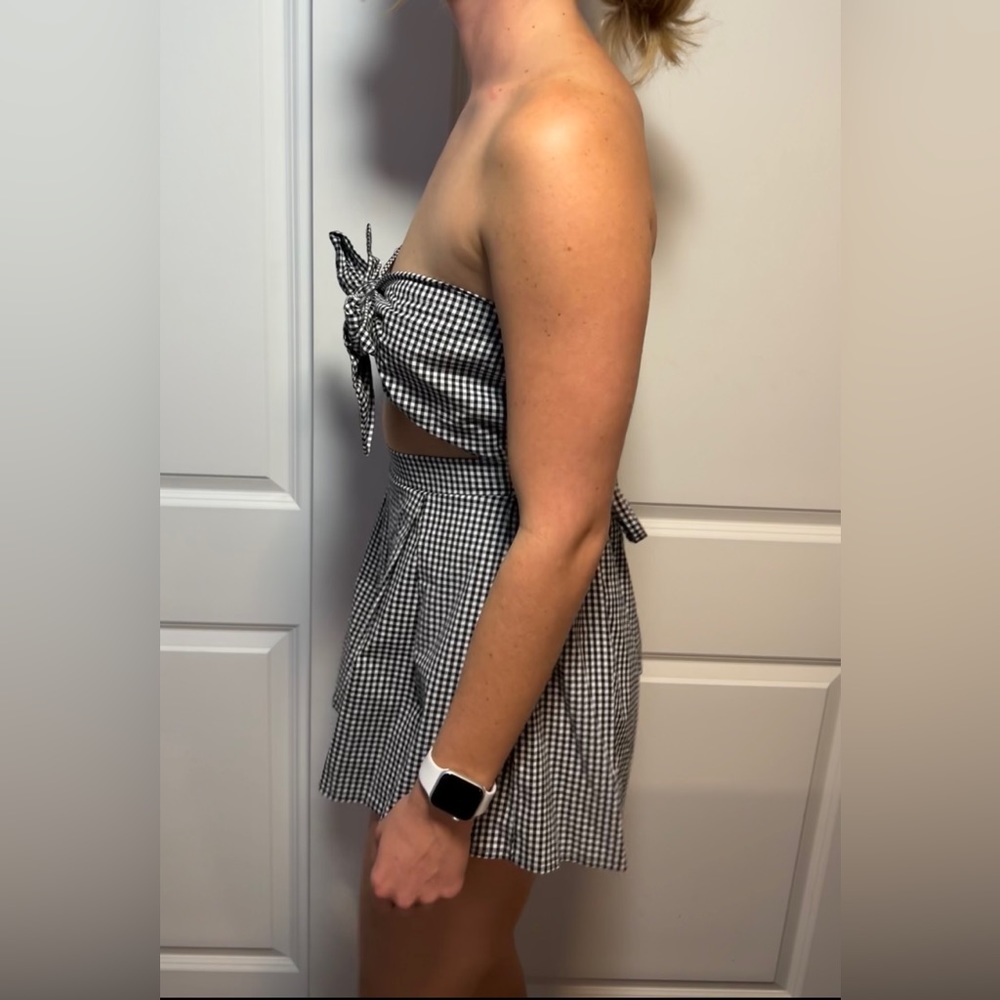 Black/White Checkered Patterned Strapless Romper … - image 2